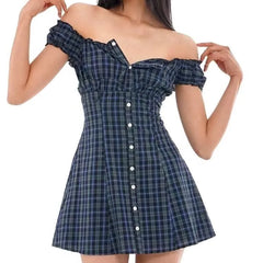 Cyflymder  CHIC Contrast Color Plaid Open Buttons Slash Shoulder Mini Dress Women Short Sleeve Slim Waist Dresses Holiday Robe Femme