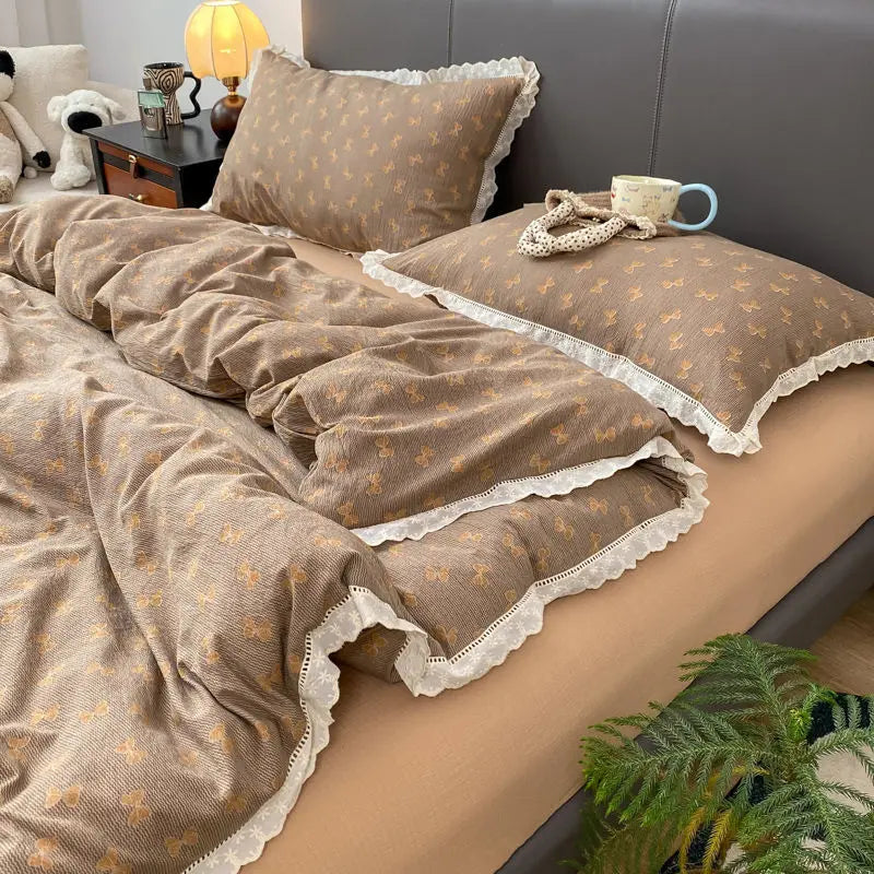 Cyflymder  INS French Lace Trim Bowknot Double Layer Gauze Quilt Cover Four-Piece Set Simple Bed Sheet Fitted Sheet Dormitory Three-Piece