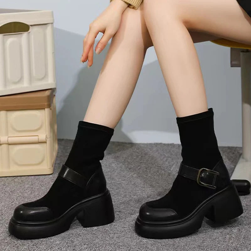 Cyflymder Winter New Solid Ankle Boots Trend Metal Buckle Chunky Platform Goth Boots Woman Thick Soled Women's Short Boots