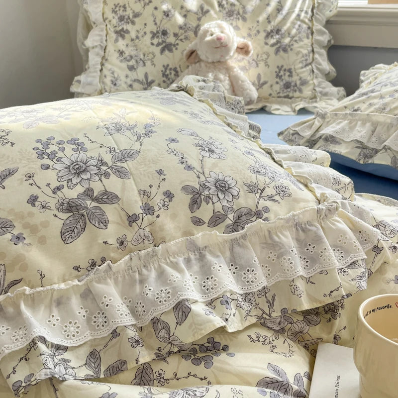 Cyflymder  Princess Style Lace Ruffles 100% Cotton Bedding Set Floral Pastoral Style Duvet Cover Flat/Fitted Bed Sheet Pillowcases 3/4Pcs