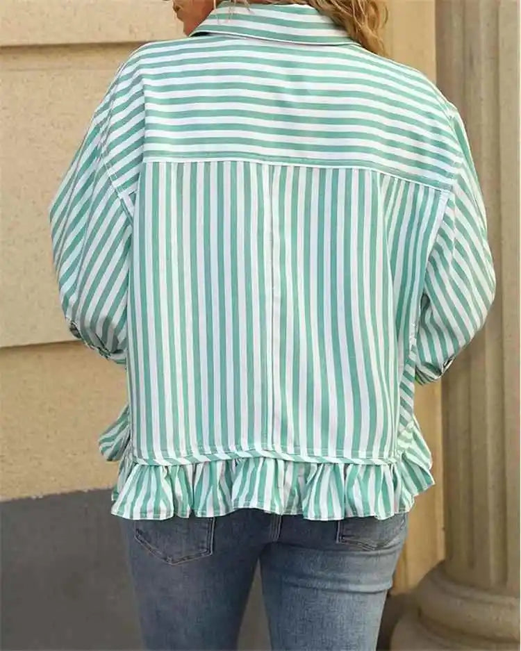 Cyflymder  Casual Stripe irt Women's Summer Top Button down ort Sve Gathered Hem Bubble Sve Polyester Fiber Commute Sleeve