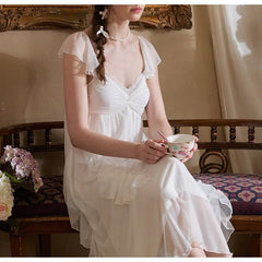 Cyflymder   Suspender Nightdress with Chest Pad Kink Design Irregular Ruffle Edge Pajamas Long Skirt Princess Style Loungewear
