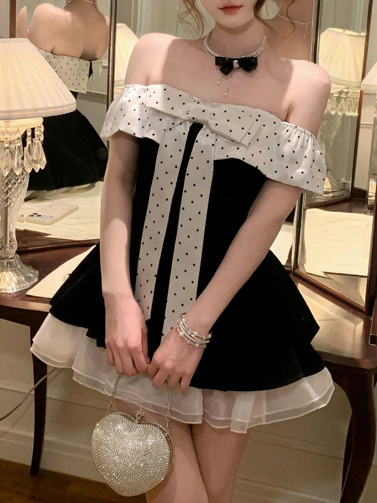 Cyflymder  French Sweet Polka Dot Off-the-shoulder Dress Women Ruched Princess Dress Cute Sweet Party Mini Dresses Aesthetic Slim Clothing