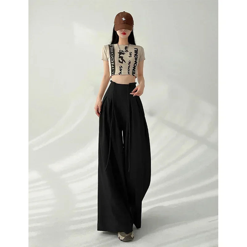 Cyflymder  Streetwear Wide Leg Pants Women Korean Black High Waist Suit Pants Summer Fashion Elegant Lace Up Straight Trousers New