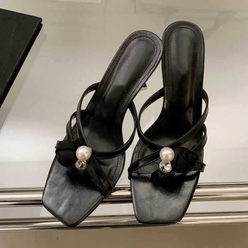 Cyflymder  Wine Red Flowers Pearl Women Slippers Sandals Fashion Square Open Toe Thin High Heels Mules Slides Summer Party Dress Shoe