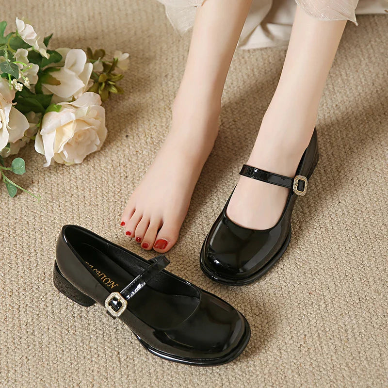 Cyflymder Women Pumps New Mary Jane Shoes for Women Big Size Belt Buckle Small Leather Shoes for Women Thick Heels High Heels Shoes