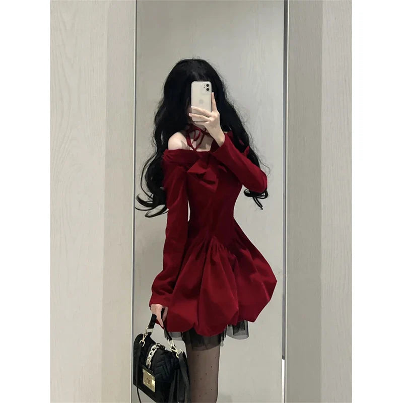 Cyflymder Vintage Bow Mini Dress Women Y2K Sexy Slash Neck Red Velvet Dresses Winter Kawaii Christmas Party Bodycon A Line Vestidos