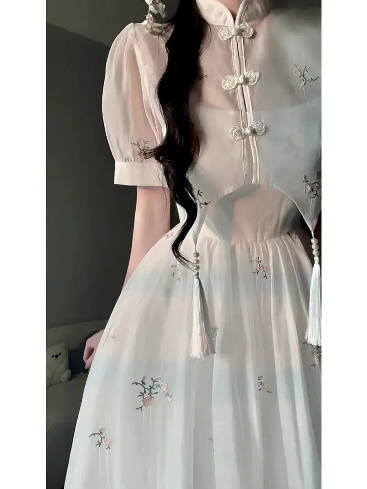 Cyflymder  Dress Sets Summer Women Chinese Style Floral Hight Waist Mesh Midi Dresses Elegant Casual Gentle Wind Female Dress Vestidos