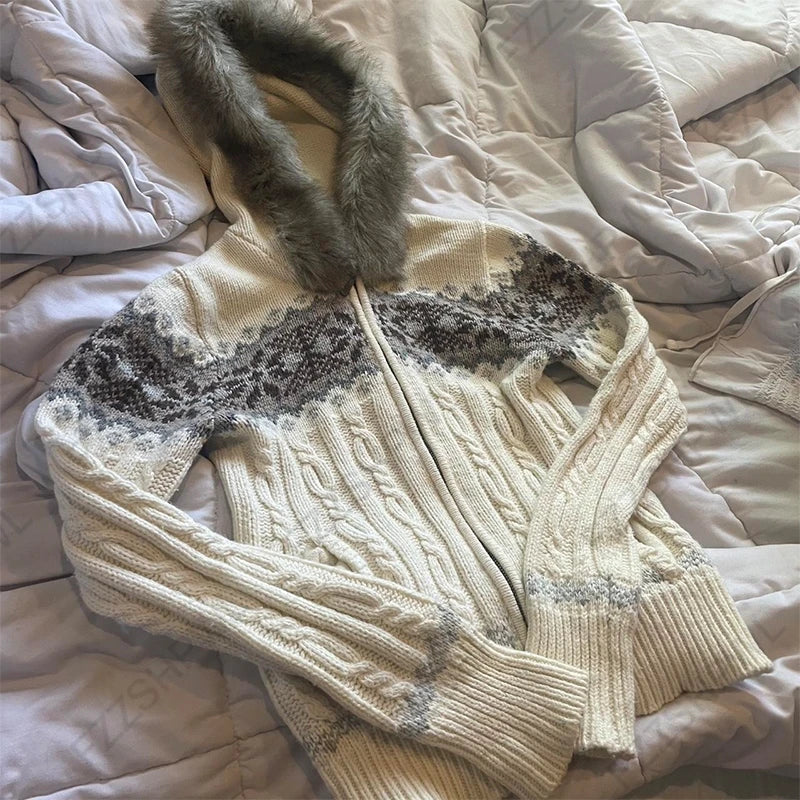 Cyflymder  American Retro Y2K Women's Knitted Sweater Sexy Slim Fit Chic Casual Graphic Fur Collar Hooded Cardigan Harajuku Vintage Clothes