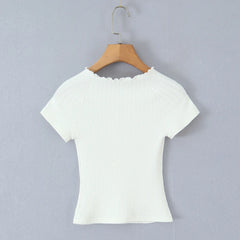 Cyflymder  Retro O-neck Pearl Button Shirt Women's Summer Short-sleeved Slim Knited T-shirt Top Fashion Female Clothes