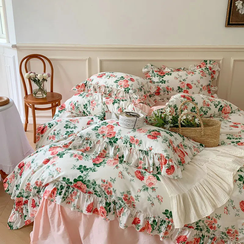 Cyflymder  French Vintage Bed Skirt Bedding Set 100% Cotton Rose Print Linen Set Lace Ruffles Duvet Cover Bed Sheet Fitted Sheet Pillowcase