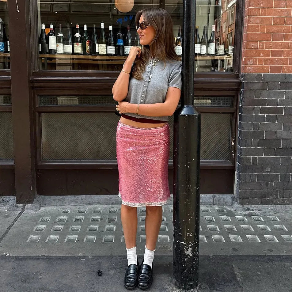 Cyflymder  Pink Glitter Skirts Women Fashion Sexy Sequins See Through Slim Skirts 2025 new summer Vintage Y2k Hot Girls Party Club Skirts