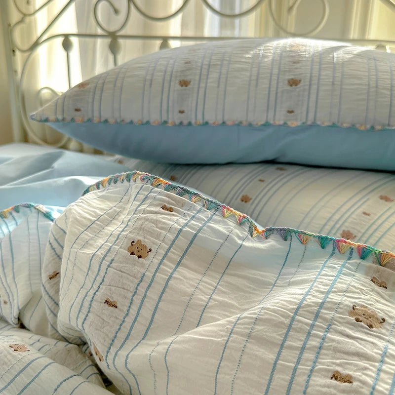Cyflymder  100% Cotton Yarn-dyed Jacquard Floral Bedding Set Single Queen King Size Duvet Cover Bed Sheet/Fitted Sheet Pillowcases 3/4Pcs