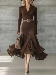 Women's Elegant Brown Ribbed Knit Dress Surplice V Neck Long Sleeve Belted Ruffle Hem Midi Dress Formal Party Evening Dress
