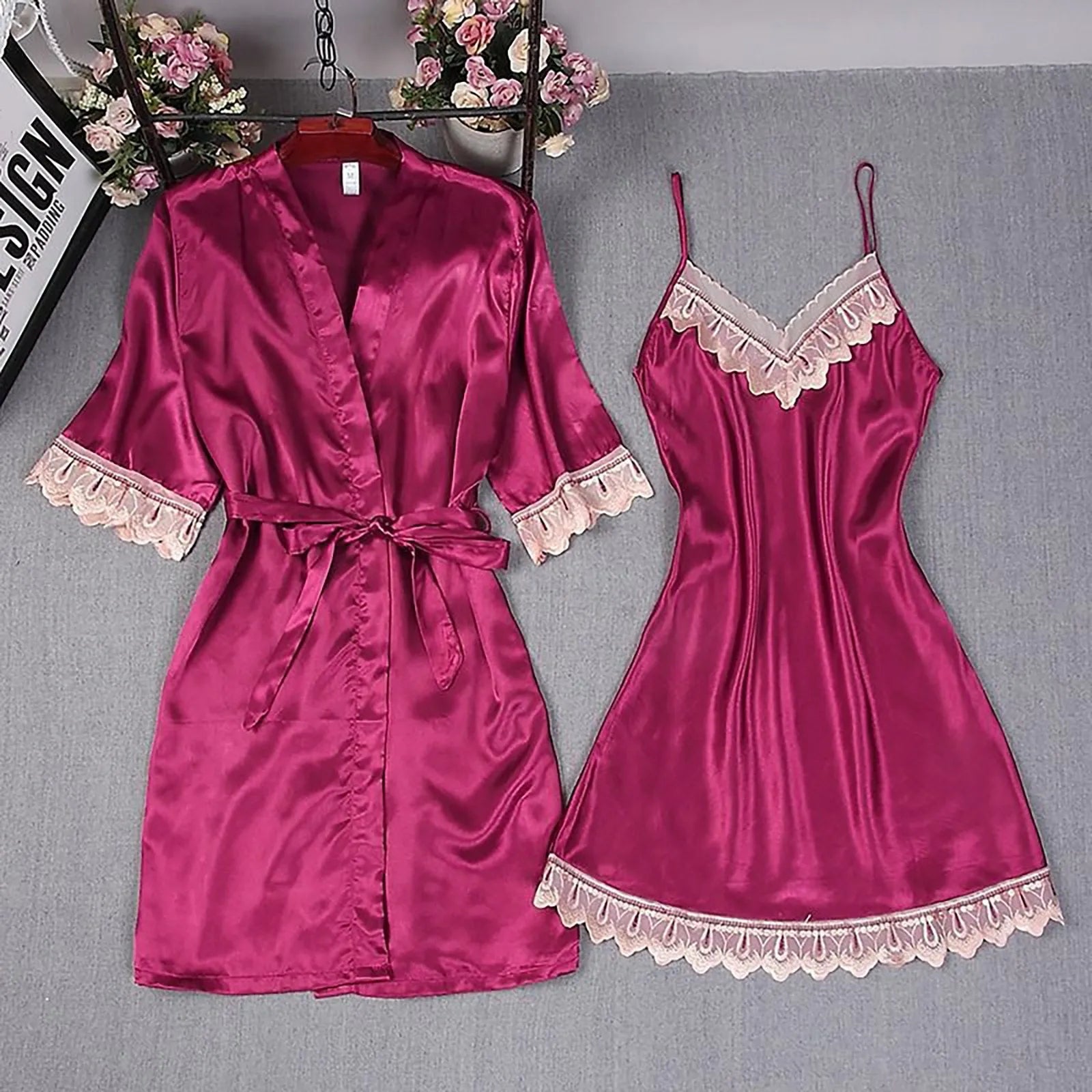 Cyflymder  2-Piece Women Sexy Garter Lingerie Set Robes Lace Splicing Deep V-Neck Nightgown Elegant Fashion Solid Color Retro House Cloth