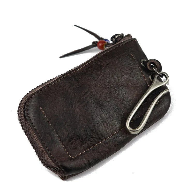 Cyflymder  Unisex Retro Real Leather Key Bag Zipper Card Bag Door Car for Men Women Key Holder Organizer Pouch Housekeeper Case