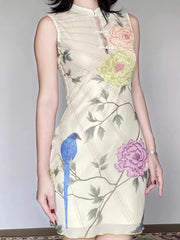 Cyflymder   Neo Chinese Style Vintage Printing Dresses Y2k Aesthetic Sleeveless Mini Vestidos Harajuku Hollow Out Button Grunge Woman Dress
