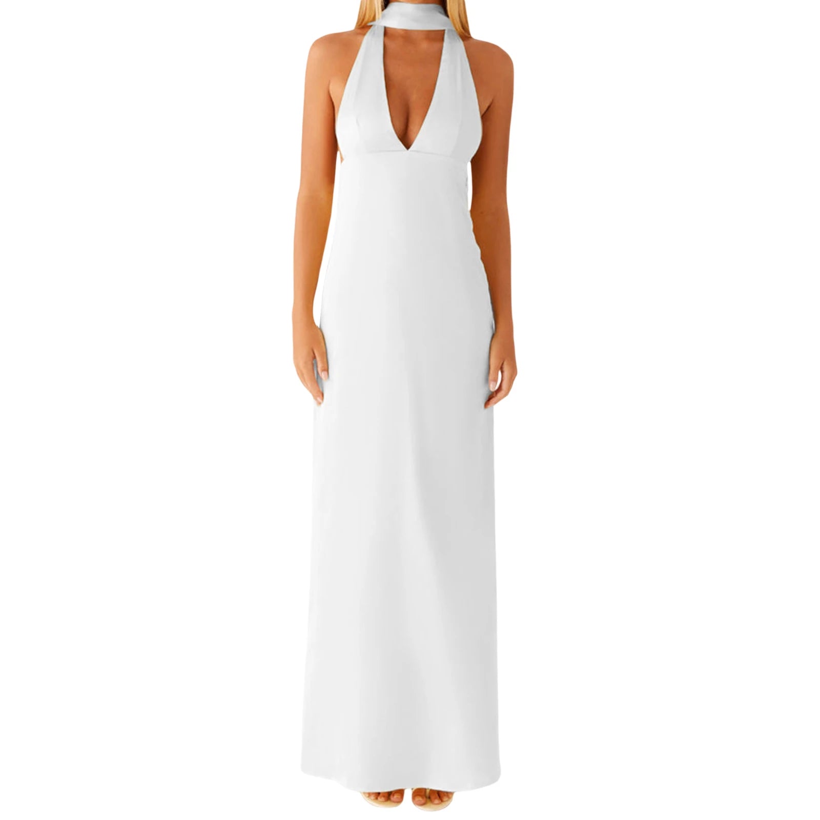 Cyflymder  Elegant Maxi Dress with Boho Floral Print and Halter Neckline Sexy Backless V-Neck Sleeveless Dress for Summer Beach Party