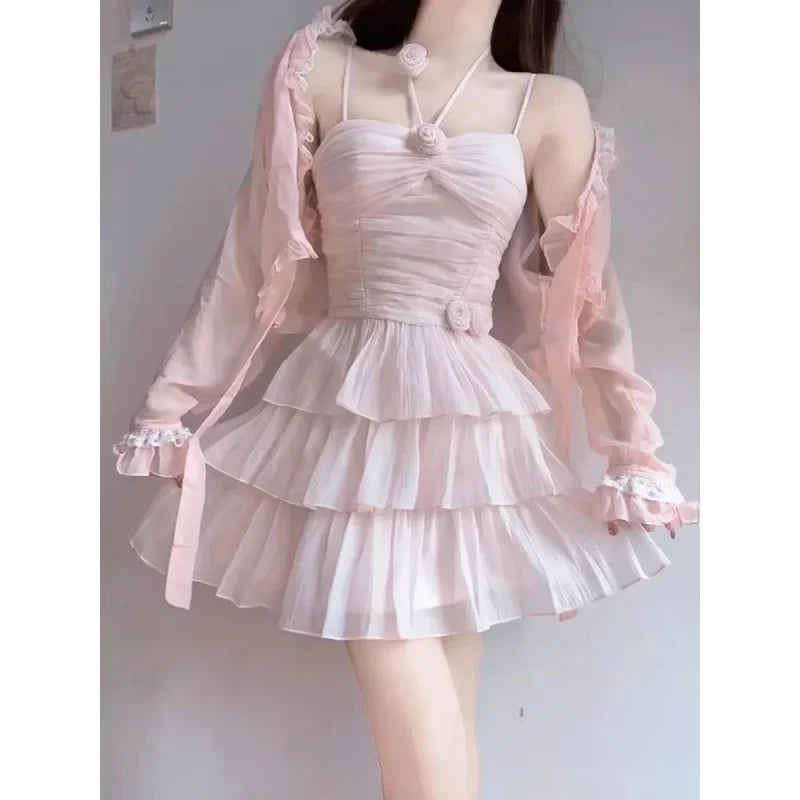 Cyflymder  Ballet Style Off-Shoulder Strap Dress Women's Summer New Waist-Cinching Slimming Heavy-Work Design Short Cake Skirt Dress