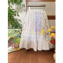 Cyflymder  Summer Bohemia Sweet Flower Print Skirts Women Trendy Chic Splice Simple Elastic Waist Splice Lace A-line Midi Skirt 288B