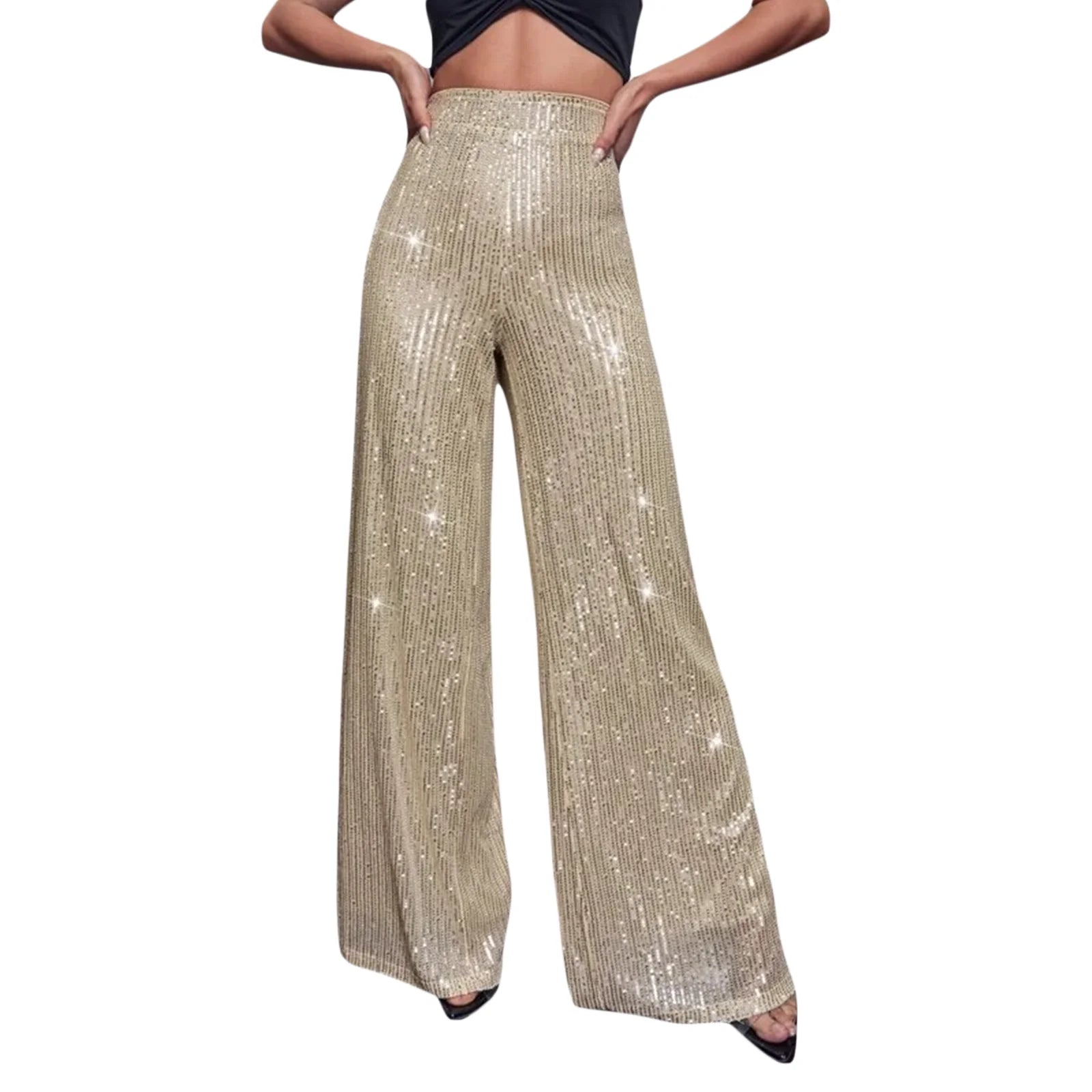 Cyflymder Women Sequin Flare Pants Sparkly High Waist Wide Leg Bell-bottom Trousers Slim Party Club Shiny Pants Clubwear