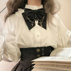 Cyflymder Ladies Set White Half High Neck Lantern Sleeve Shirt+Black Girdling Spliced Skirt Bow Gothic Lolita Single Piece Women Clothing