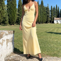 Cyflymder  Women Satin Maxi Dress Coquette Deep V-Neck Keyhole Backless Slip Gown Dress Elegant Lady Bridesmaid Evening Dress
