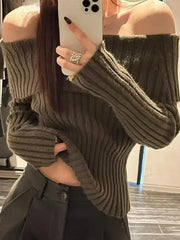 Cyflymder WINTER OUTFITS Autumn Winter Rib Knitted Off The Shoulder Pullover Sweater Sexy Women Full Sleeve Sweater Pullovers Elegant Jumpers