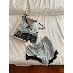 Cyflymder  French Summer Temperamen Lazy Have Chest Pad Two Piece Sets Y2k Aesthetic Spliced Lace Thin Soft Shot Tank Top Ice Silk Shorts