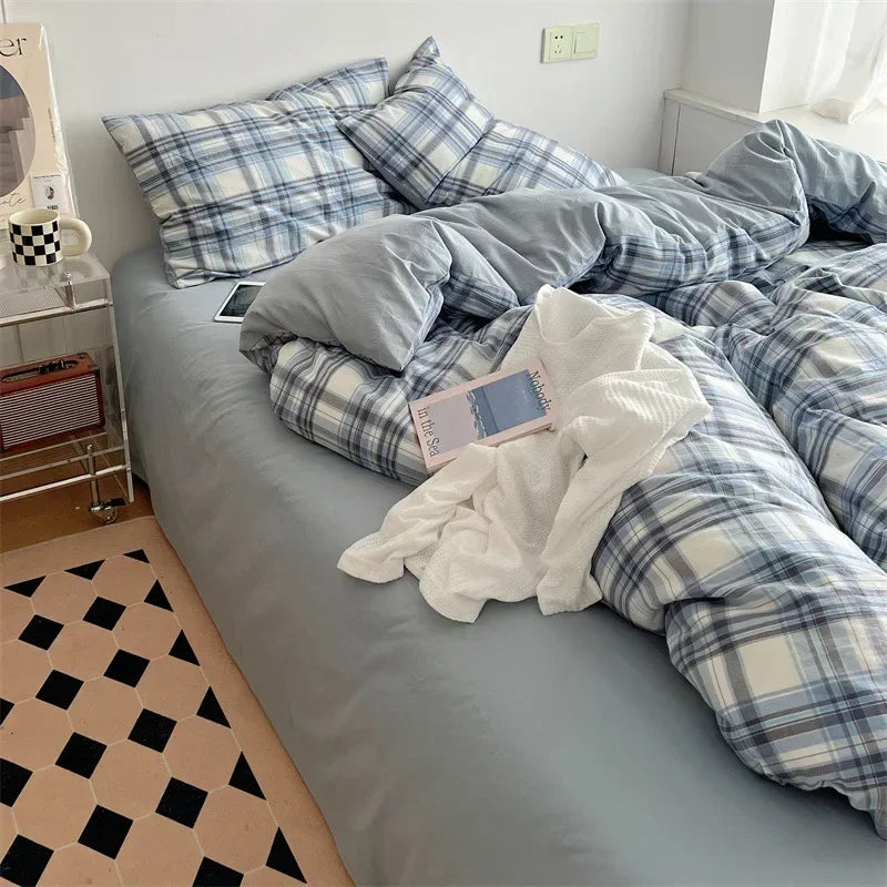 Cyflymder  Super Soft Japanese Style Pure Cotton Bedding Set Double Sided Geometric Pattern Printed Duvet Cover 4Pcs Household Comfort Set