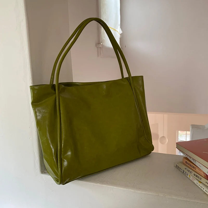 Cyflymder Green Vintage Women's Bag Large Capacity Soft Pu Shoulder Underarm Bags Simple All-match Ladies Handbag Elegant Fashion Totes