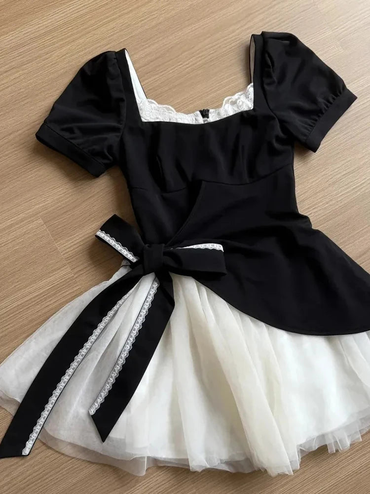 Cyflymder  Mesh Patchwork Sweet Dress Women Retro Cute Bow Slim Short Sleeve Mini Dress Casual Square Collar French Elegant Vestidos