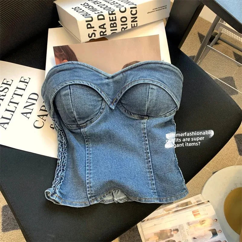 Cyflymder  Retro Hong Kong Style Denim Strapless Vest Women Summer Outdoor Sweet Spicy Short Wrap Chest Top with Chest Pad Sexy Female Garm