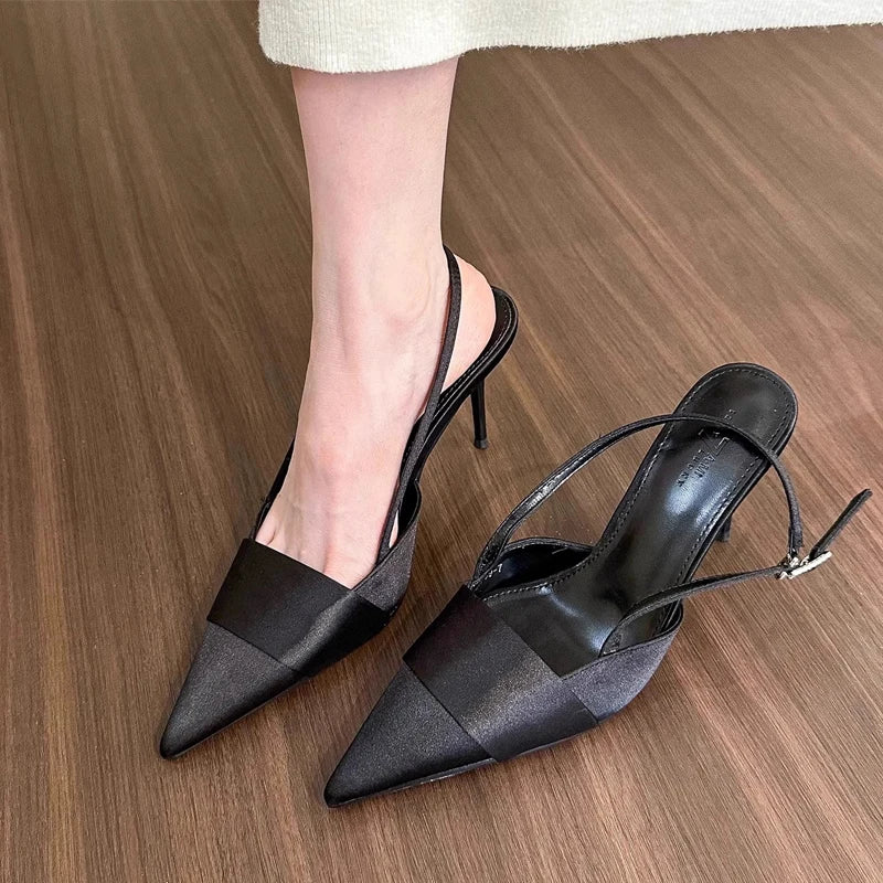 Cyflymder  Pink Silver Satin Silk Slingback Shoes Woman Elegant Point Toe Platband Design  Pumps Ladies High Heel Evening Party Sandals
