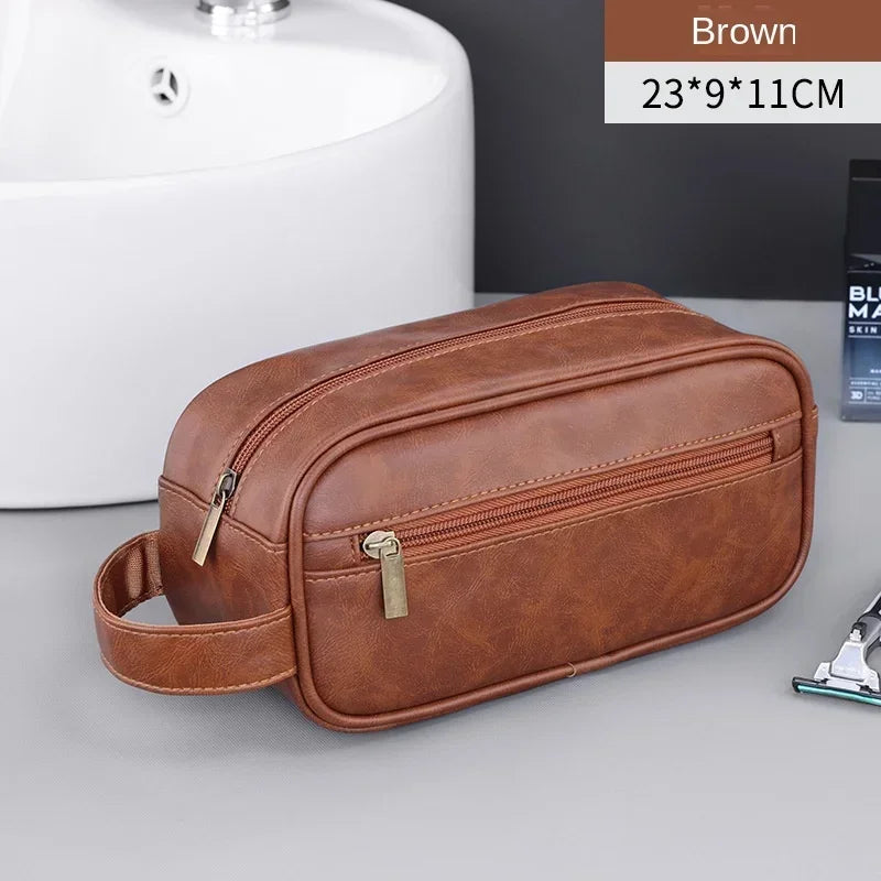 Cyflymder Men Leather Wash Bag Travel Business Trips Portable Cosmetic Bag Large Capacity Multi Pocket Design Handheld Leather Wash Bag