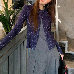 Cyflymder  Korean Polka Dot Spliced Striped Pullovers Autumn New Fake Two Pieces Women's Clothing O-Neck Button Casual Long Sleeve T-shirts