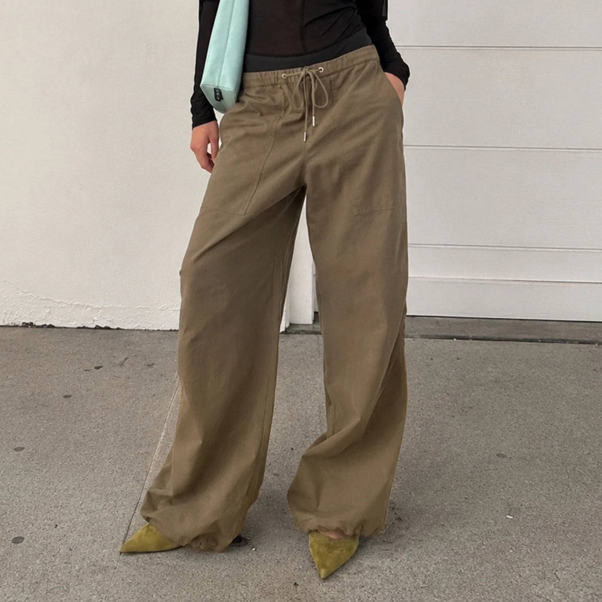Cyflymder   Women Drawstring Waist Cargo Pants Loose Wide Leg Bottom Hem Adjustable Drawstring Pocket Casual Streetwear Baggy Trousers