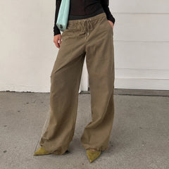 Cyflymder   Women Drawstring Waist Cargo Pants Loose Wide Leg Bottom Hem Adjustable Drawstring Pocket Casual Streetwear Baggy Trousers