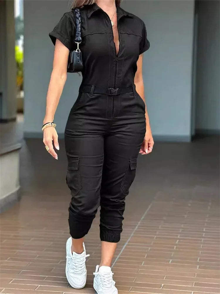 Cyflymder  Women Jumpsuit New Zipper Workwear Jumpsuit with Short Sleeved Collar Multiple Pockets Waist Belt