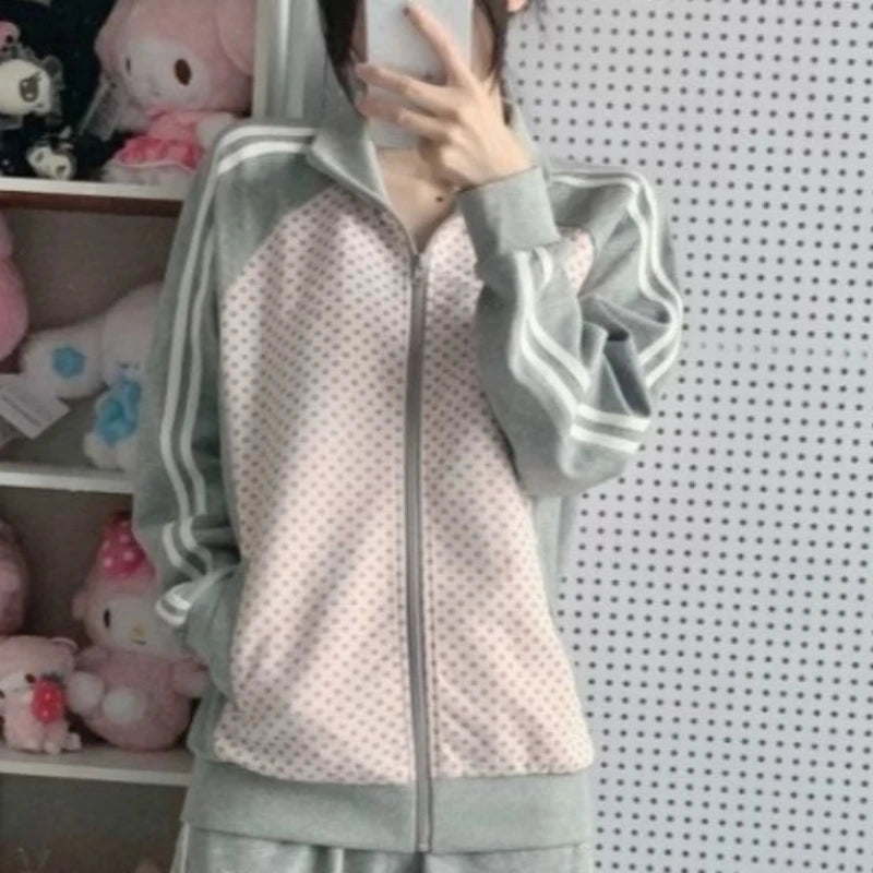 Cyflymder  Japanese Y2k Aesthetic Hooded Coats Women Gothic Contrast Color Casual Loose Polka Dot Jackets Harajuku Autumn Zipper Overcoat