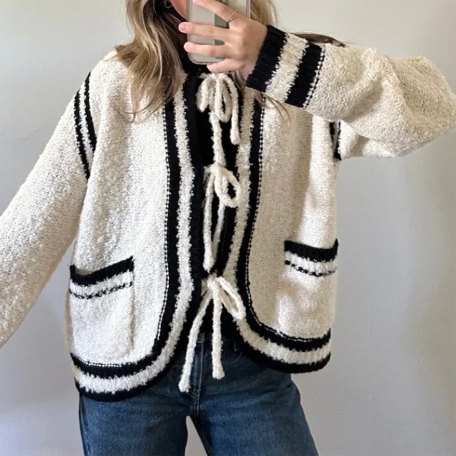 Cyflymder  Women Y2k Tie Front Knitted Cardigan Sweater Long Sleeve Open Front Oversized Cardigan Knitwear Tops 00s Vintage Streetwear