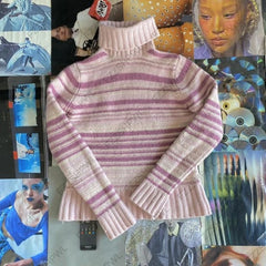 Cyflymder  Women Turtleneck Sweater Retro Striped Knit Slim Fit Soft Wool Blend Casual Fall Pullover Tops
