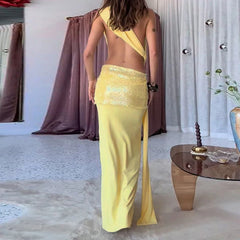 Cyflymder   Women Elegant Patchwork Sequins Long Dress Fashion Diagonal Collar Hollow Evening Dress Summer One-shoulder Slim Bodycon Dresses