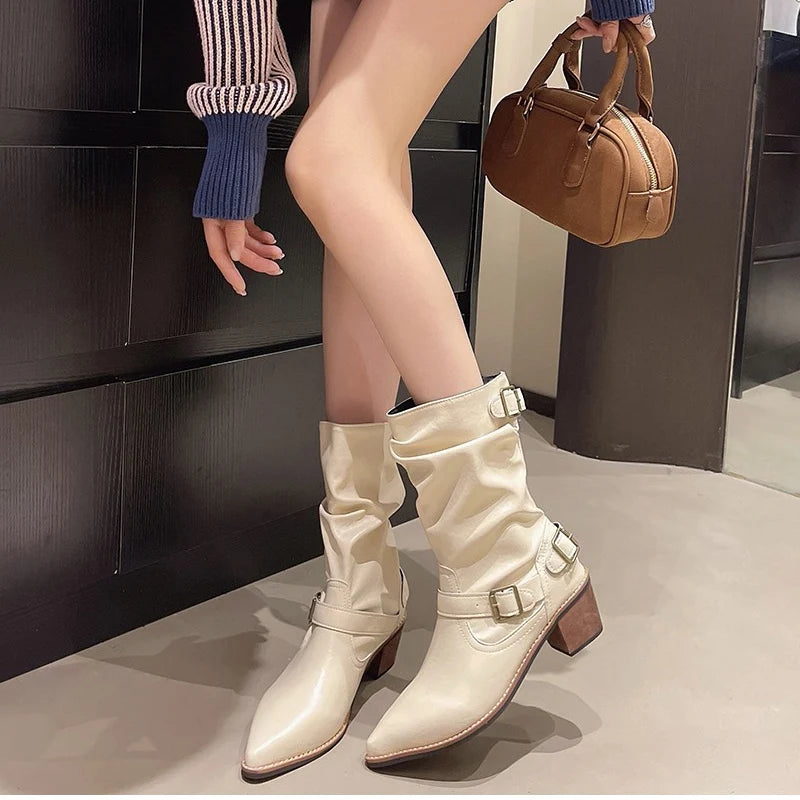 Cyflymder  Autumn Winter Vintage Thick Heel Women Western Cowboy Boots Slip On Belt Buckle Shoes Ladies Mid Calf Botas Zapatos De Mujer