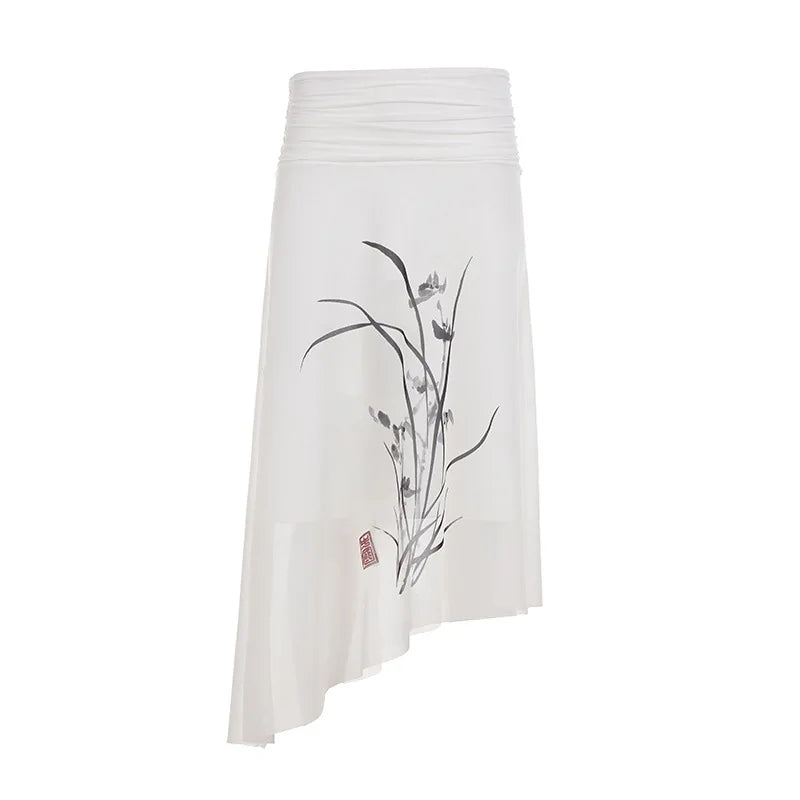 Cyflymder  New Chinese Style Vintage Elegant Summer Mesh Skirts Y2k Temperament Flower Print Lrregular Design Women Jupe Pleated Lazy Skirt