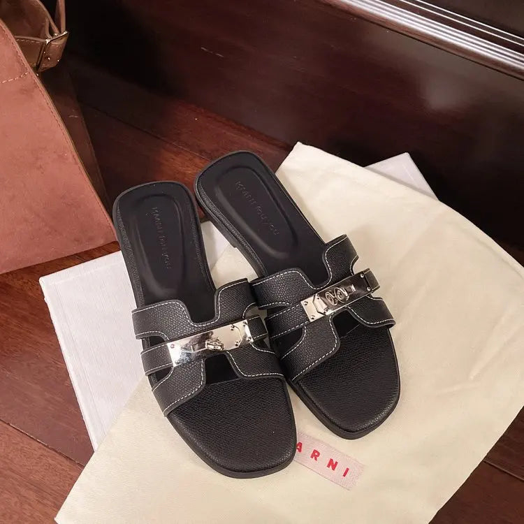 Cyflymder  Women's Flat Shoes Barefoot Outside Woman Pu Cross Belt Slippers Women Metal Decoration Sandals Summer Ladies Fashion Shoe