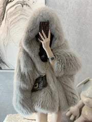 Cyflymder winter winery outfit Trendy Hooded Faux Fox Fur Coats super Warm Winter Furry Jacket Women Streetwear Plush Clothing Loose Casual Whiter Chaquetas