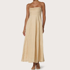 Cyflymder  Women Tube Maxi Dress Ruched Strapless Bodice A Line Long Dress Elegant Lady Sleeveless Flowy Summer Sundress