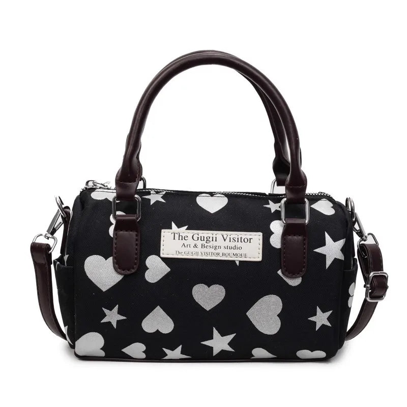 Cyflymder  Harajuku Style Heart Star Print Canvas Bag Women Sweet Cute Boston Bag Ladies Versatile Fashion Trendy Handbag Y2k Aesthetic New