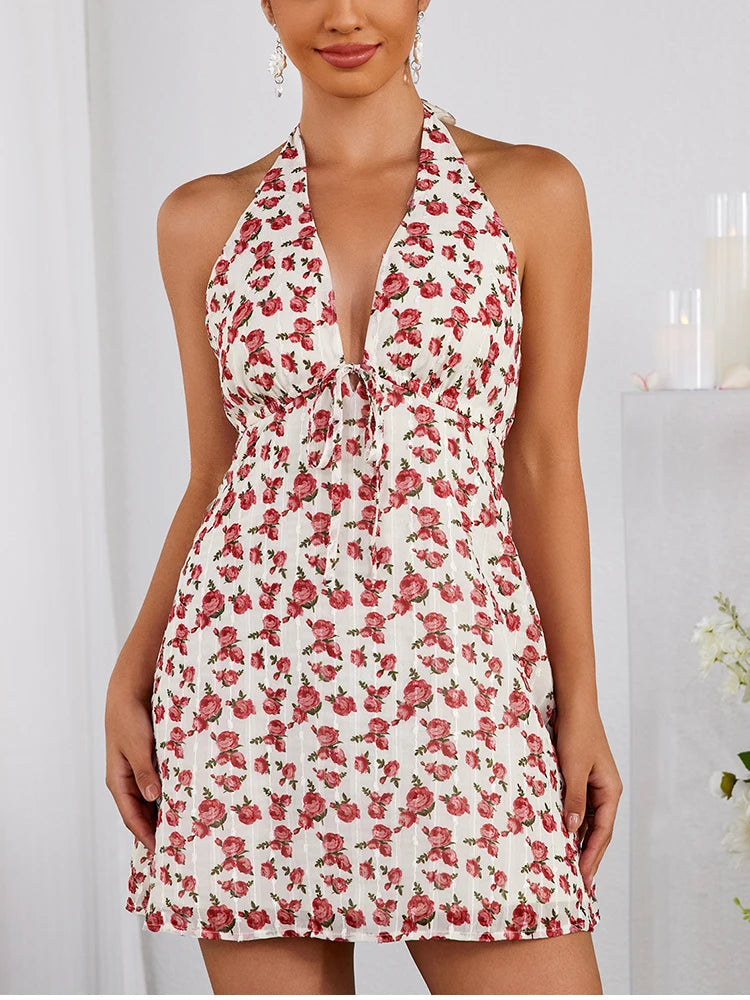 Cyflymder  Halter Backless Print Floral Mini Dress V-Neck Tie Up Fashion Casual Party Short Dresses Rose Summer Woman Clothing